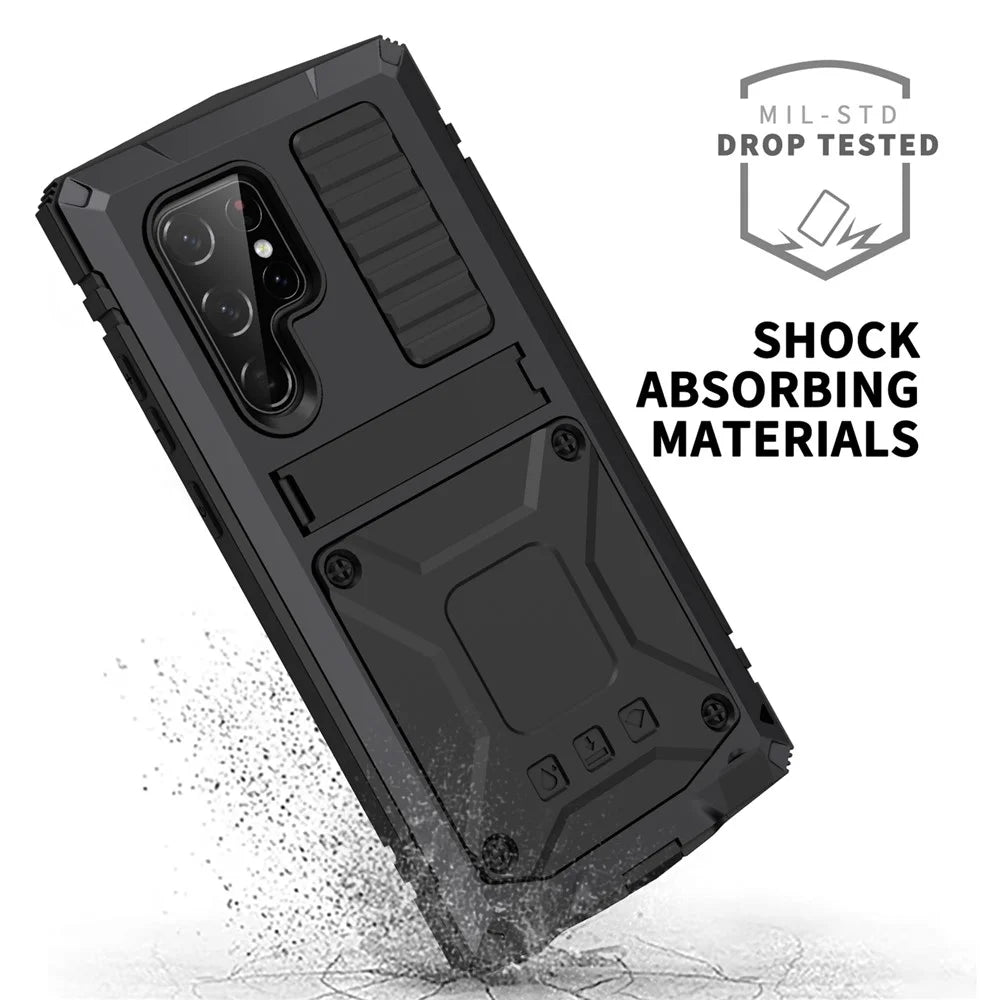 R-JUST Anti-fall Dust-proof Shockproof Metal+Silicone+PC Kickstand Case with Built-in Anti-explosion Tempered Glass Lens Protector and Screen Protector for Samsung Galaxy S22 Ultra 5G - Black - 6