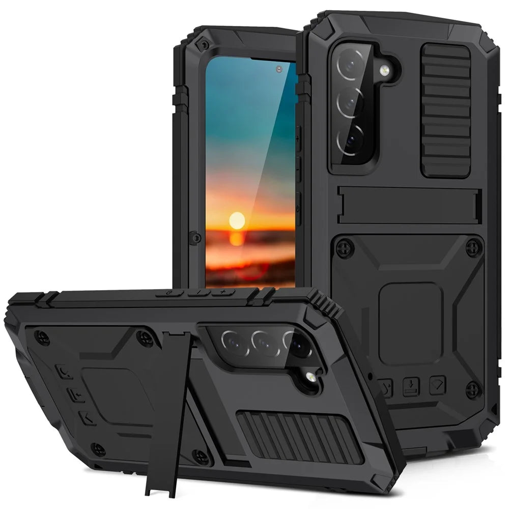 R-JUST for Samsung Galaxy S22 5G Waterproof Drop-Proof Case Kickstand Back Cover with Tempered Glass - Black - 1