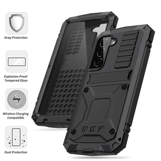 R-JUST for Samsung Galaxy S22 5G Waterproof Drop-Proof Case Kickstand Back Cover with Tempered Glass - Black - 2