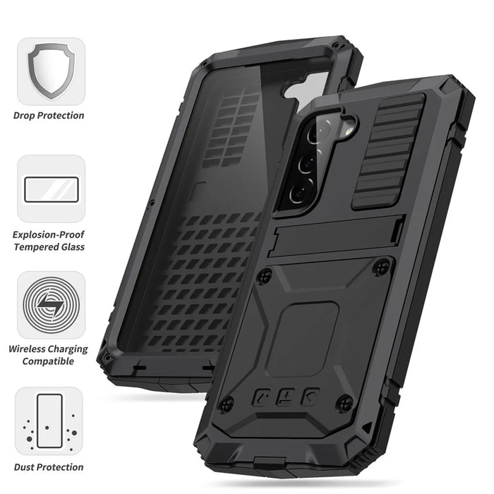 R-JUST for Samsung Galaxy S22 5G Waterproof Drop-Proof Case Kickstand Back Cover with Tempered Glass - Black - 2