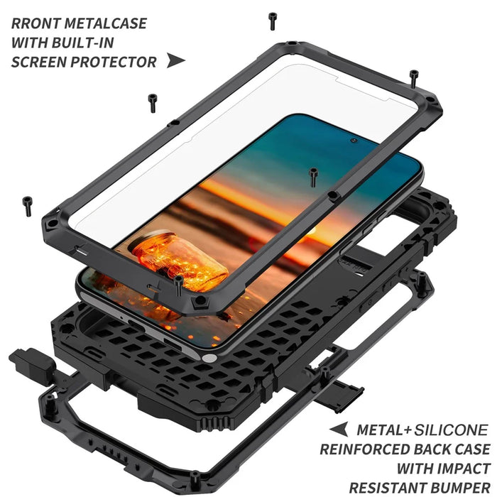 R-JUST for Samsung Galaxy S22 5G Waterproof Drop-Proof Case Kickstand Back Cover with Tempered Glass - Black - 3