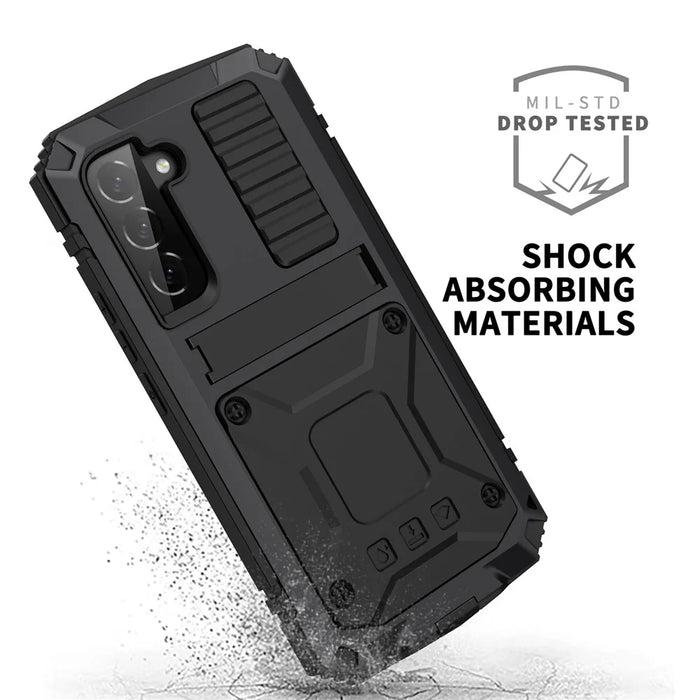 R-JUST for Samsung Galaxy S22 5G Waterproof Drop-Proof Case Kickstand Back Cover with Tempered Glass - Black - 5