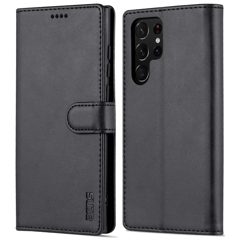 AZNS PU Leather Folio Flip Protective Cover Stand Wallet Magnetic Closure TPU Inner Case for Samsung Galaxy S22 Ultra 5G - Black - 1