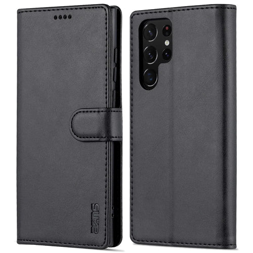 AZNS PU Leather Folio Flip Protective Cover Stand Wallet Magnetic Closure TPU Inner Case for Samsung Galaxy S22 Ultra 5G - Black - 1