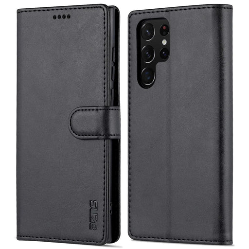 AZNS PU Leather Folio Flip Protective Cover Stand Wallet Magnetic Closure TPU Inner Case for Samsung Galaxy S22 Ultra 5G - Black - 1