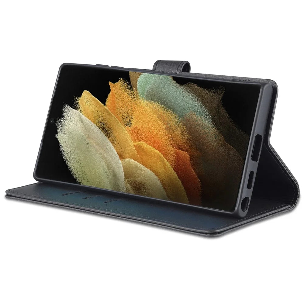 AZNS PU Leather Folio Flip Protective Cover Stand Wallet Magnetic Closure TPU Inner Case for Samsung Galaxy S22 Ultra 5G - Black - 4