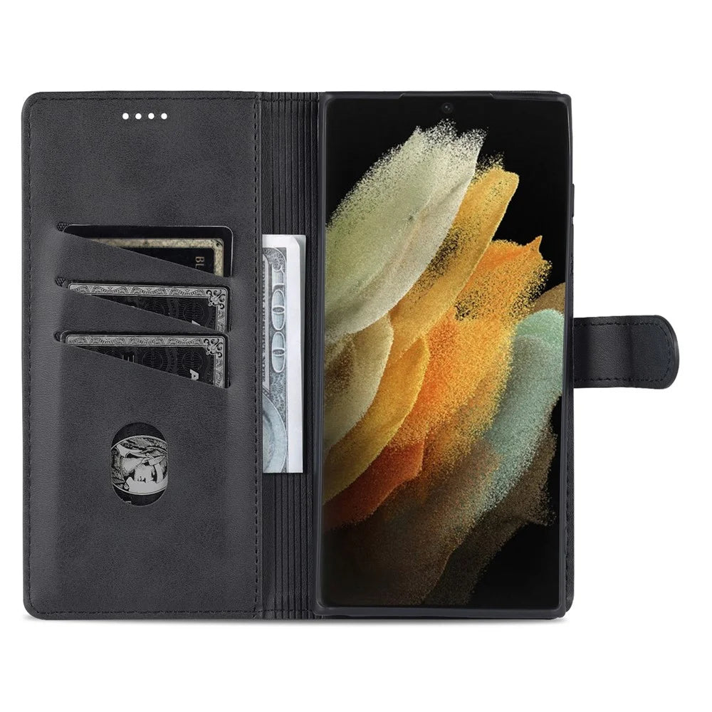 AZNS PU Leather Folio Flip Protective Cover Stand Wallet Magnetic Closure TPU Inner Case for Samsung Galaxy S22 Ultra 5G - Black - 6