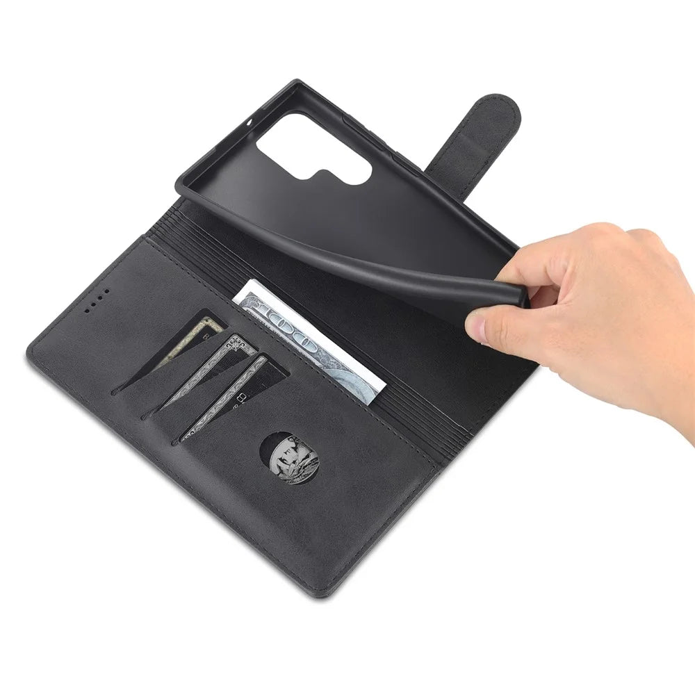 AZNS PU Leather Folio Flip Protective Cover Stand Wallet Magnetic Closure TPU Inner Case for Samsung Galaxy S22 Ultra 5G - Black - 7