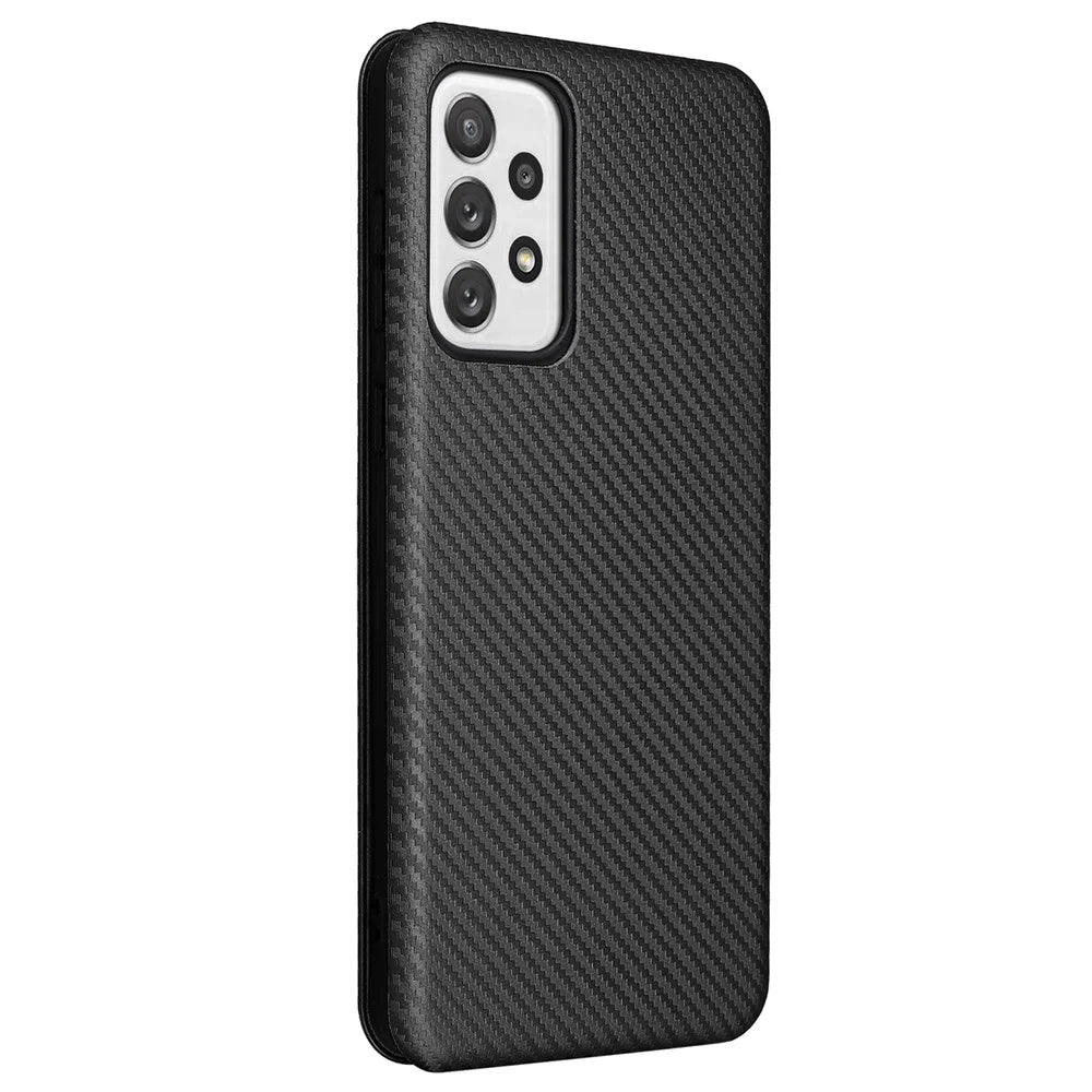 Carbon Fiber Texture Card Holder Phone Case Foldable Stand PU Leather Cover for Samsung Galaxy A73 5G - Black - 3