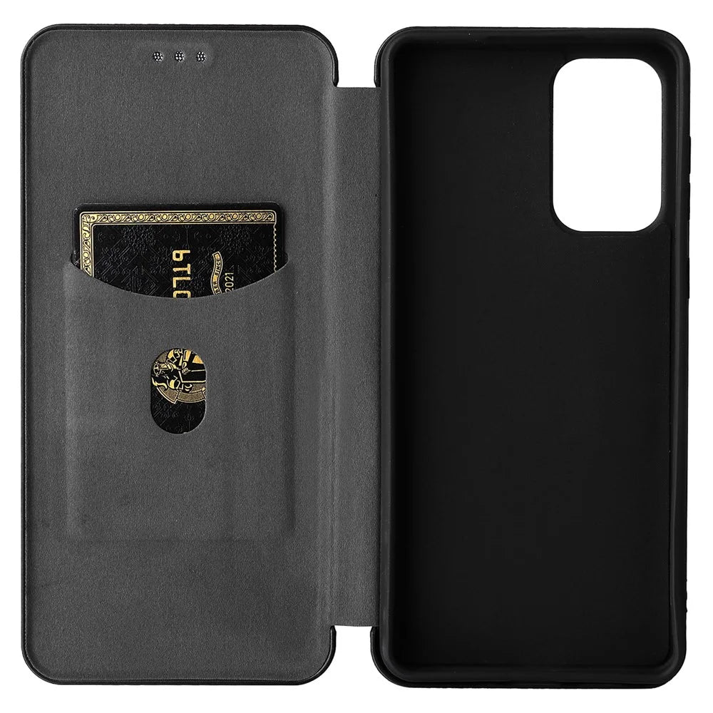 Carbon Fiber Texture Card Holder Phone Case Foldable Stand PU Leather Cover for Samsung Galaxy A73 5G - Black - 6