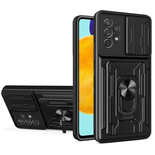 Kickstand Camera Cover Slide Anti-Scratch Protective Hard PC Soft TPU Case with Card Holder Slot for Samsung Galaxy A53 5G - Black - 1