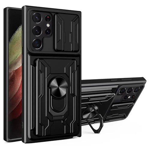 For Samsung Galaxy S22 Ultra 5G Card Holder Slot Ring Kickstand Design Slide Camera Cover PC + TPU Hybrid Case - Black - 1