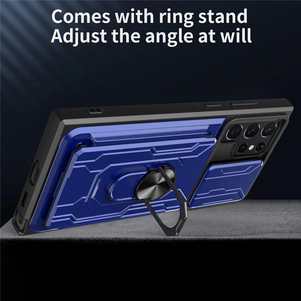 For Samsung Galaxy S22 Ultra 5G Card Holder Slot Ring Kickstand Design Slide Camera Cover PC + TPU Hybrid Case - Black - 2