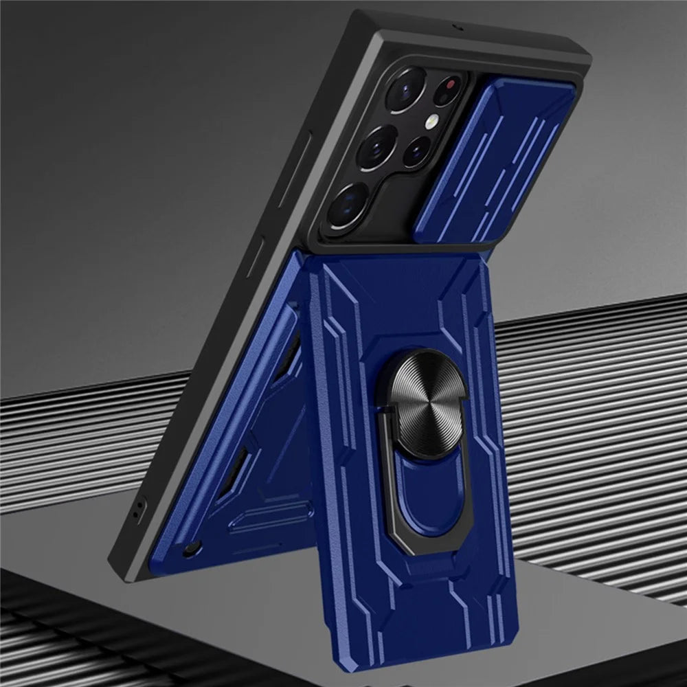 For Samsung Galaxy S22 Ultra 5G Card Holder Slot Ring Kickstand Design Slide Camera Cover PC + TPU Hybrid Case - Black - 3