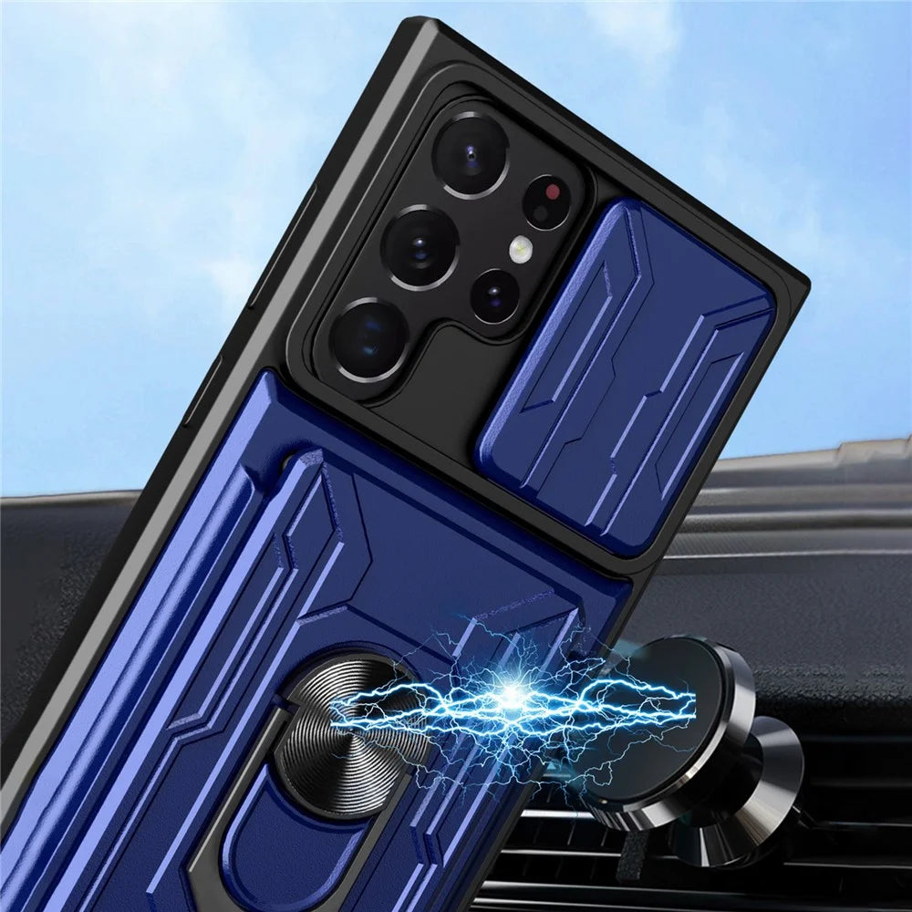 For Samsung Galaxy S22 Ultra 5G Card Holder Slot Ring Kickstand Design Slide Camera Cover PC + TPU Hybrid Case - Black - 4