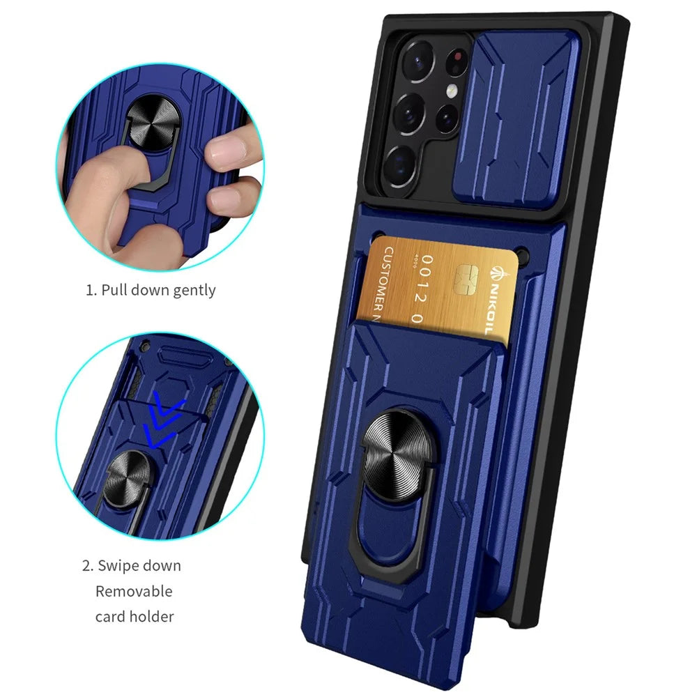 For Samsung Galaxy S22 Ultra 5G Card Holder Slot Ring Kickstand Design Slide Camera Cover PC + TPU Hybrid Case - Black - 6
