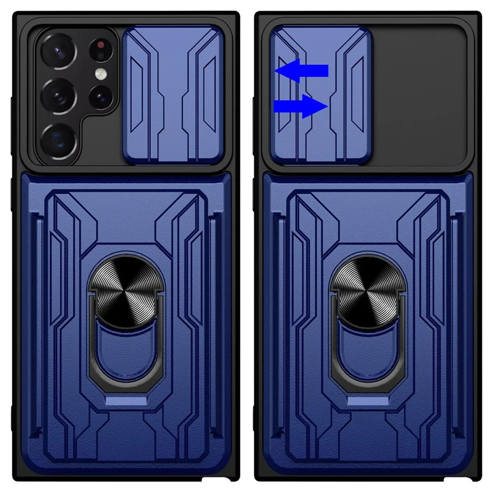 For Samsung Galaxy S22 Ultra 5G Card Holder Slot Ring Kickstand Design Slide Camera Cover PC + TPU Hybrid Case - Black - 7
