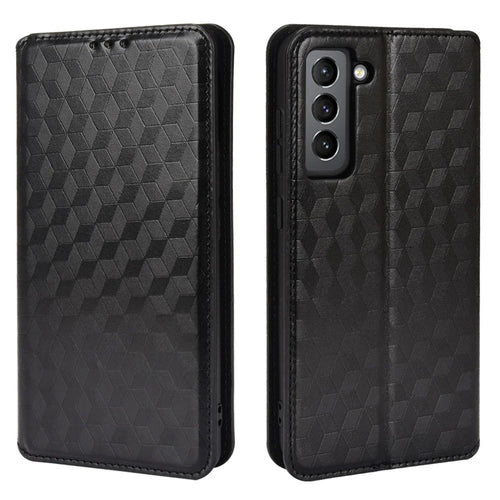 Imprinting 3D Rhombus Foldable Stand Leather Case Folio Flip Wallet Phone Case for Samsung Galaxy S21 FE 5G - Black - 1
