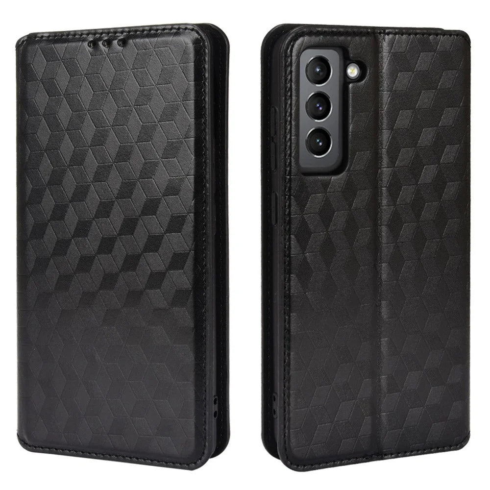 Imprinting 3D Rhombus Foldable Stand Leather Case Folio Flip Wallet Phone Case for Samsung Galaxy S21 FE 5G - Black - 1