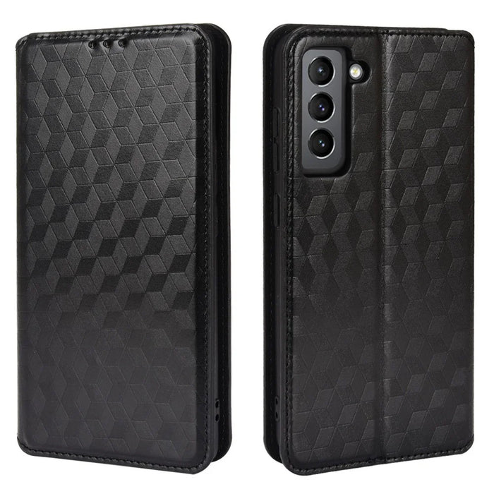 Imprinting 3D Rhombus Foldable Stand Leather Case Folio Flip Wallet Phone Case for Samsung Galaxy S21 FE 5G - Black - 1