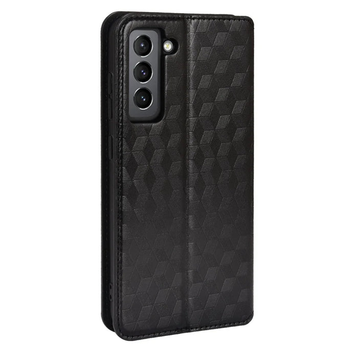 Imprinting 3D Rhombus Foldable Stand Leather Case Folio Flip Wallet Phone Case for Samsung Galaxy S21 FE 5G - Black - 3