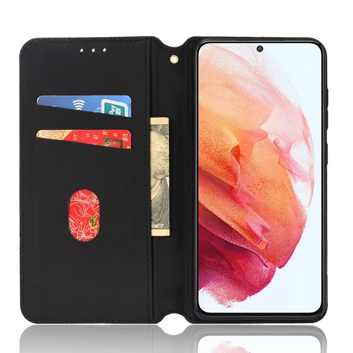 Imprinting 3D Rhombus Foldable Stand Leather Case Folio Flip Wallet Phone Case for Samsung Galaxy S21 FE 5G - Black - 4