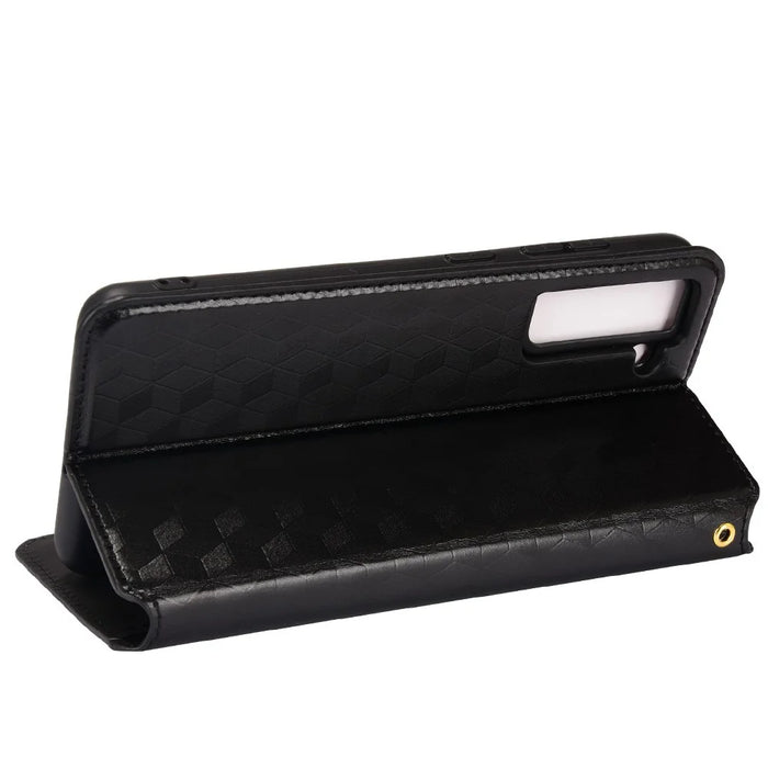 Imprinting 3D Rhombus Foldable Stand Leather Case Folio Flip Wallet Phone Case for Samsung Galaxy S21 FE 5G - Black - 5