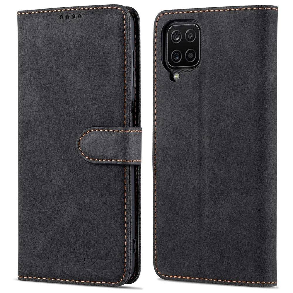 AZNS Full Protection Leather Case Scratch-proof Wallet Stand Phone Cover for Samsung Galaxy A22 4G (EU Version) - Black - 1