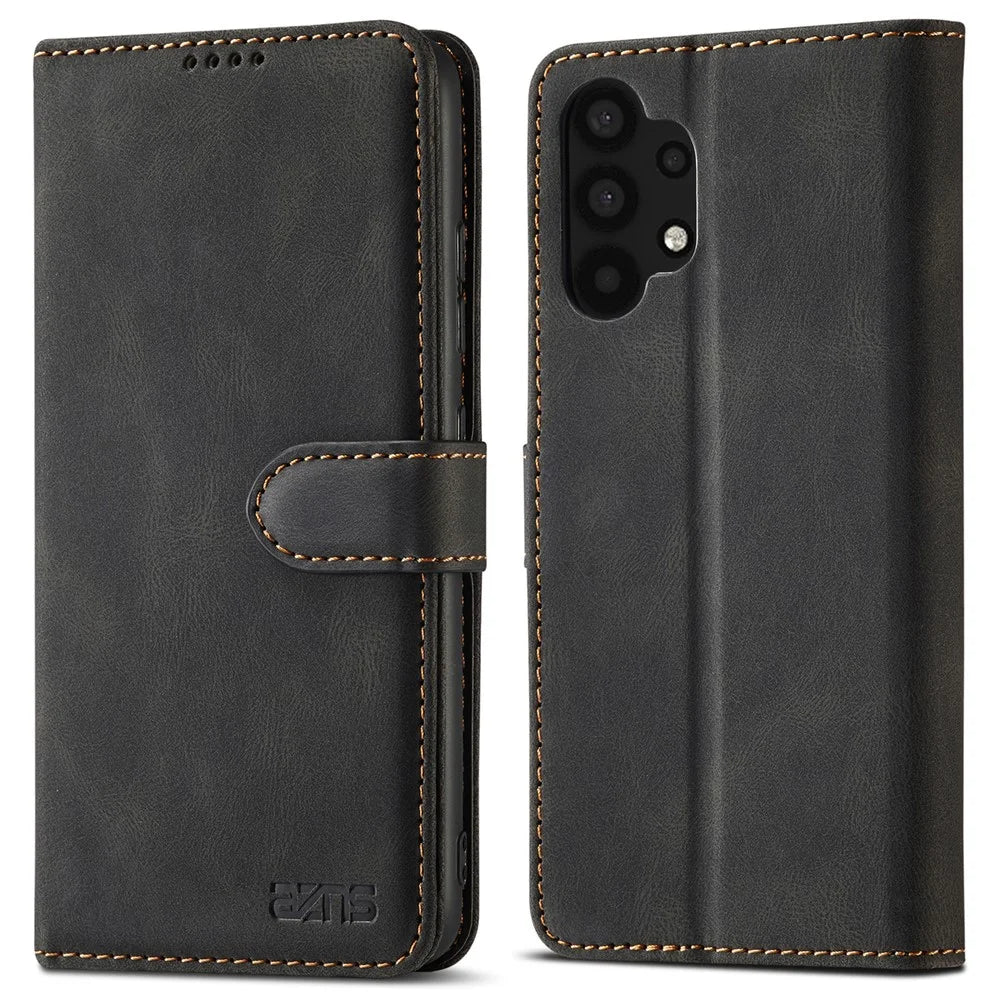 AZNS Magnetic Clasp Leather Case Drop-proof Fully Wrapped Wallet Stand Phone Cover for Samsung Galaxy A32 4G (EU Version) - Black - 1