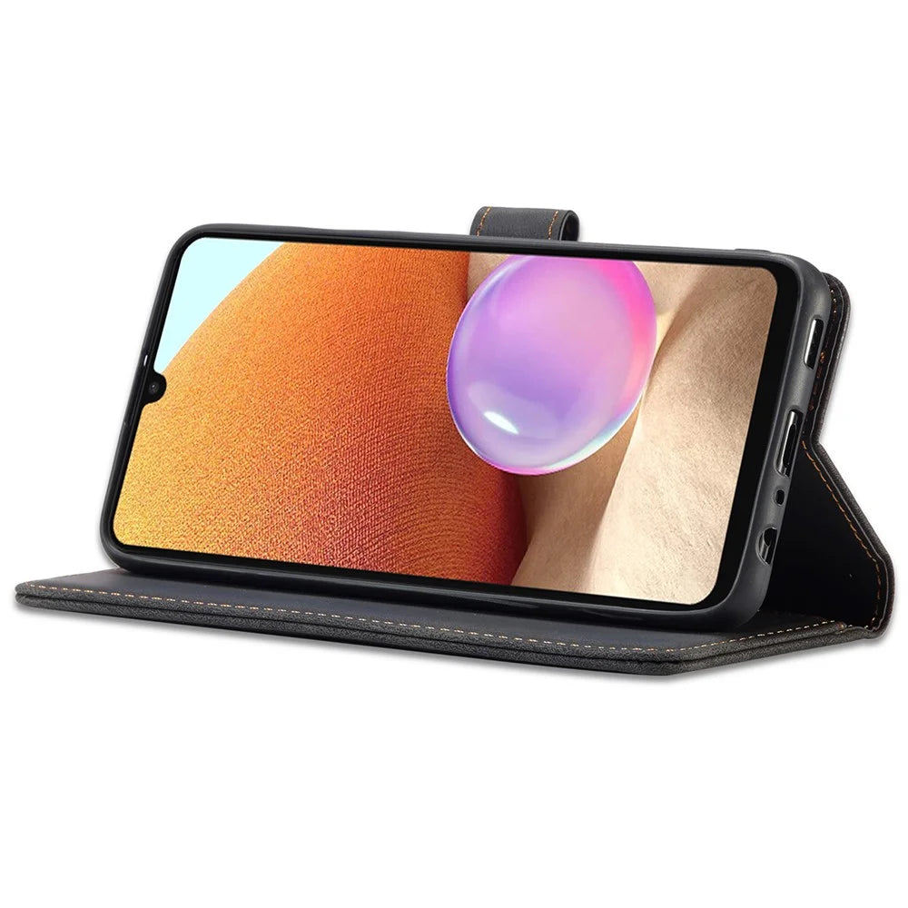 AZNS Magnetic Clasp Leather Case Drop-proof Fully Wrapped Wallet Stand Phone Cover for Samsung Galaxy A32 4G (EU Version) - Black - 4