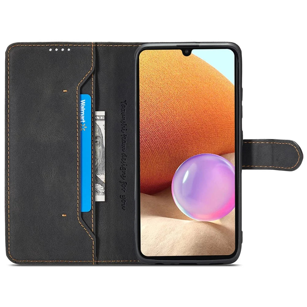 AZNS Magnetic Clasp Leather Case Drop-proof Fully Wrapped Wallet Stand Phone Cover for Samsung Galaxy A32 4G (EU Version) - Black - 6