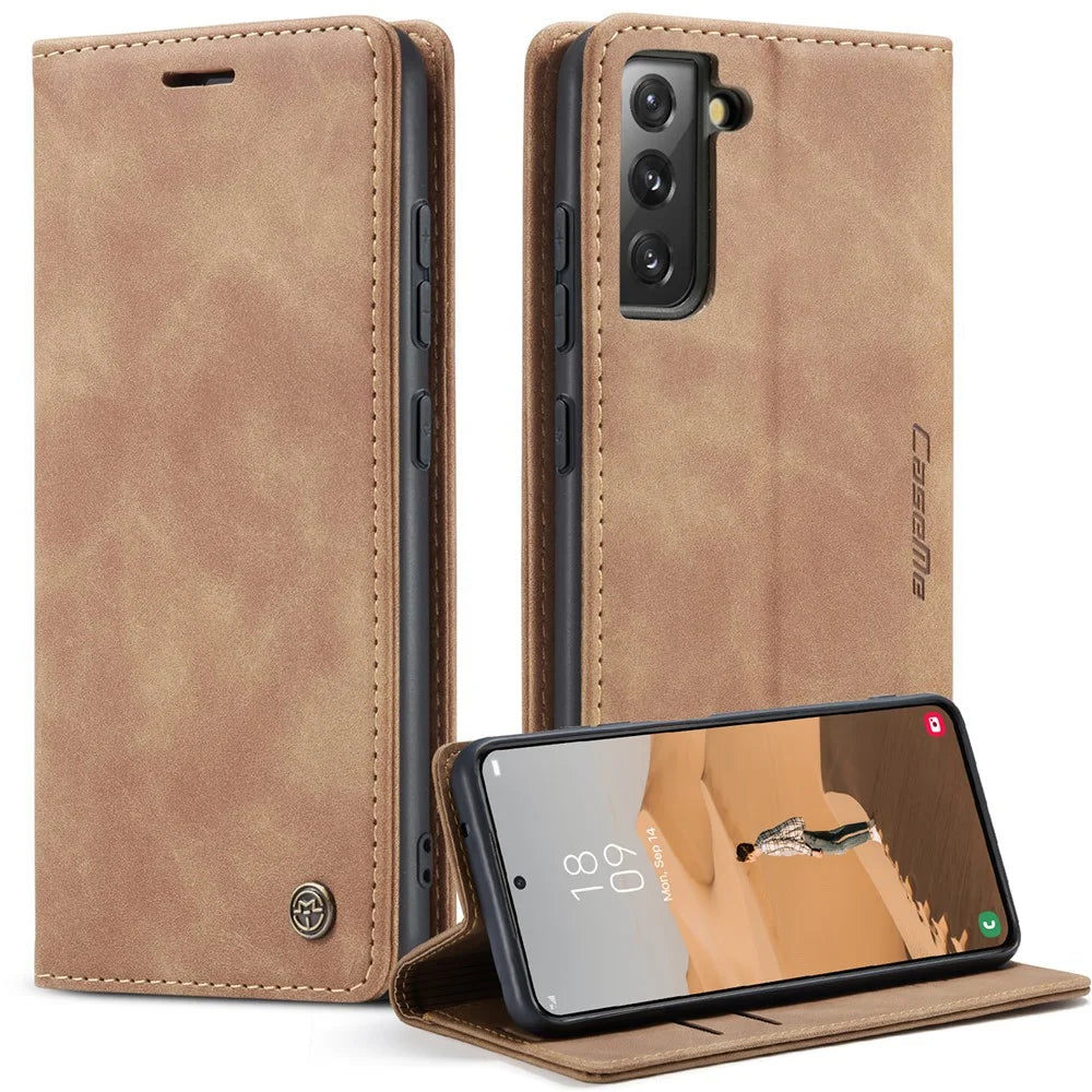 CASEME 013 Series TPU Inner Lining Cover Wallet Stand Design Lightweight Auto-absorbed PU Leather Phone Case for Samsung Galaxy S22+ 5G - Brown - 1