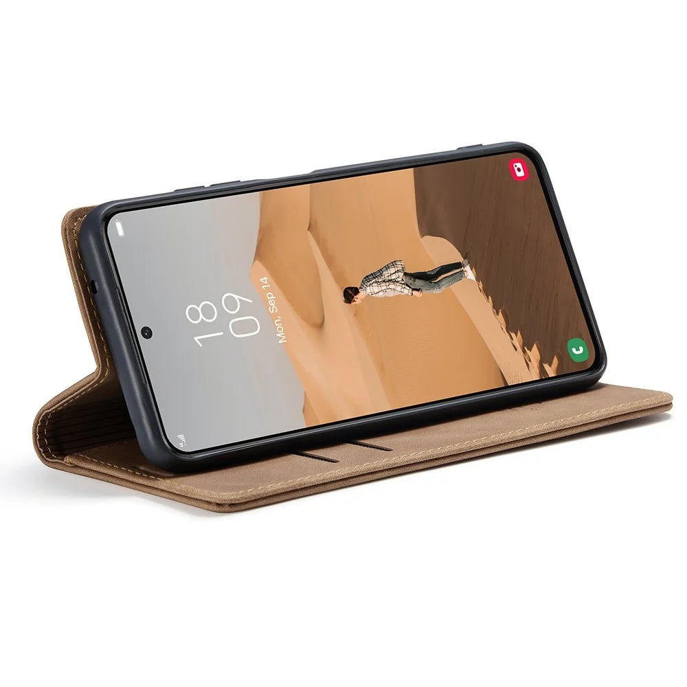 CASEME 013 Series TPU Inner Lining Cover Wallet Stand Design Lightweight Auto-absorbed PU Leather Phone Case for Samsung Galaxy S22+ 5G - Brown - 3