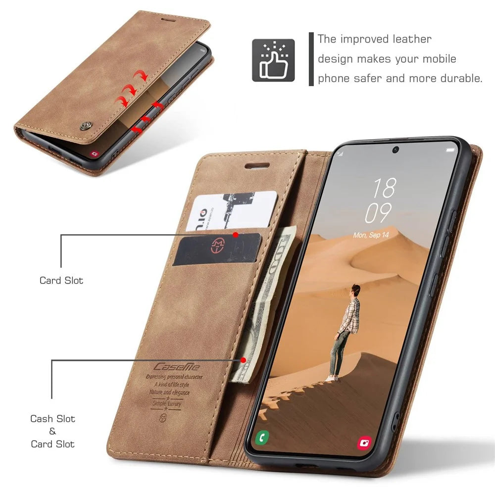 CASEME 013 Series TPU Inner Lining Cover Wallet Stand Design Lightweight Auto-absorbed PU Leather Phone Case for Samsung Galaxy S22+ 5G - Brown - 5