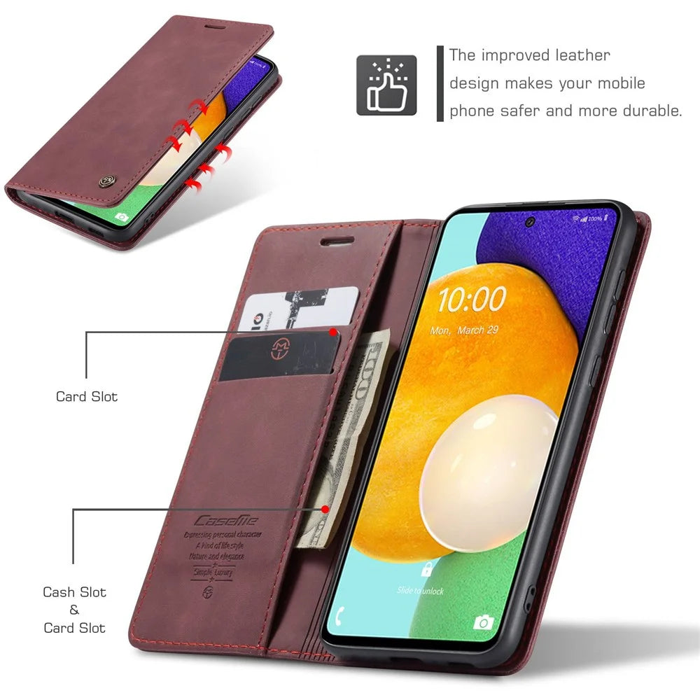 CASEME 013 Series PU Leather Folio Phone Case Wallet Stand Design Lightweight Auto-absorbed Phone Covering for Samsung Galaxy A53 5G - Red - 5