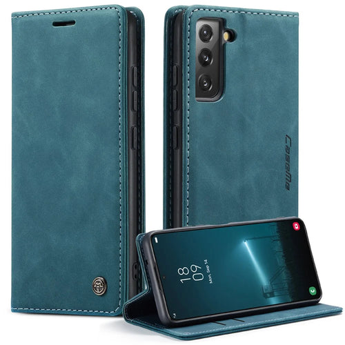 CASEME 013 Series for Samsung Galaxy S22 5G PU Leather Wallet Phone Case Stand Magnetic Absorption Card Holder Cover - Green - 1