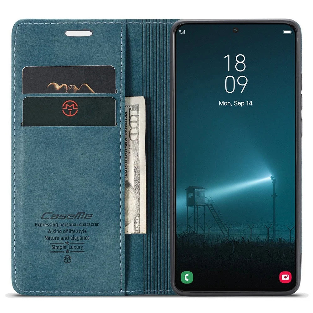 CASEME 013 Series for Samsung Galaxy S22 5G PU Leather Wallet Phone Case Stand Magnetic Absorption Card Holder Cover - Green - 2