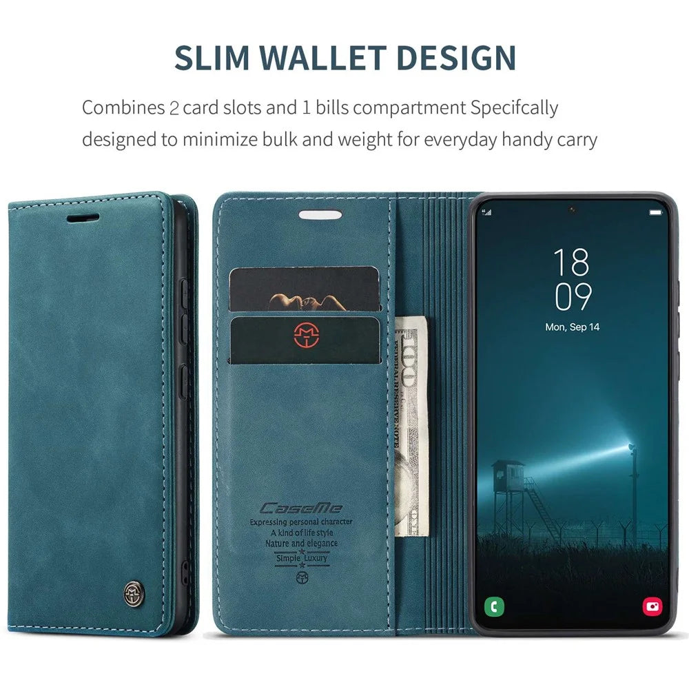 CASEME 013 Series for Samsung Galaxy S22 5G PU Leather Wallet Phone Case Stand Magnetic Absorption Card Holder Cover - Green - 4