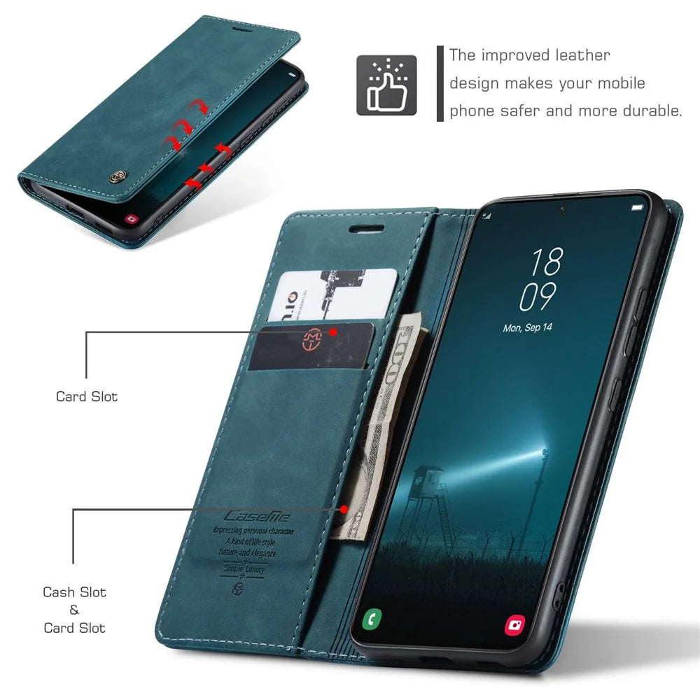 CASEME 013 Series for Samsung Galaxy S22 5G PU Leather Wallet Phone Case Stand Magnetic Absorption Card Holder Cover - Green - 5