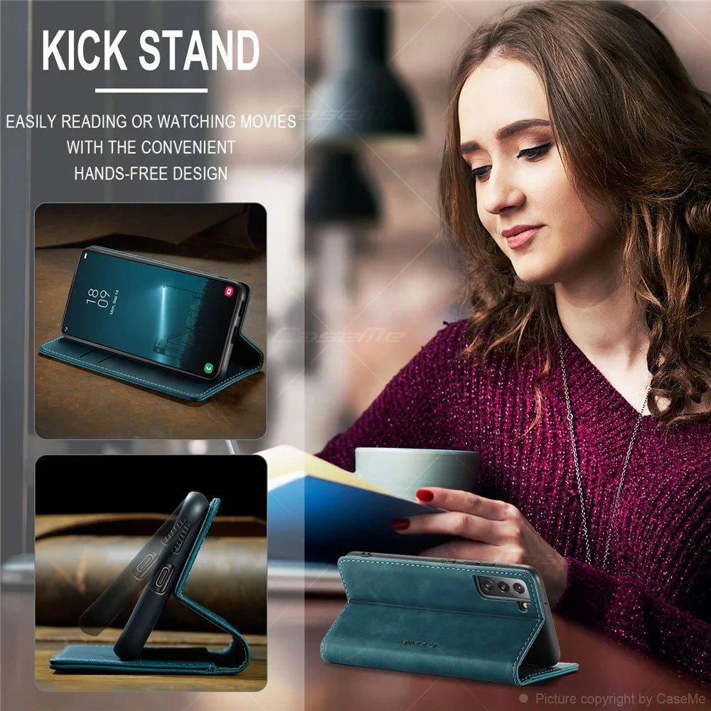 CASEME 013 Series for Samsung Galaxy S22 5G PU Leather Wallet Phone Case Stand Magnetic Absorption Card Holder Cover - Green - 7