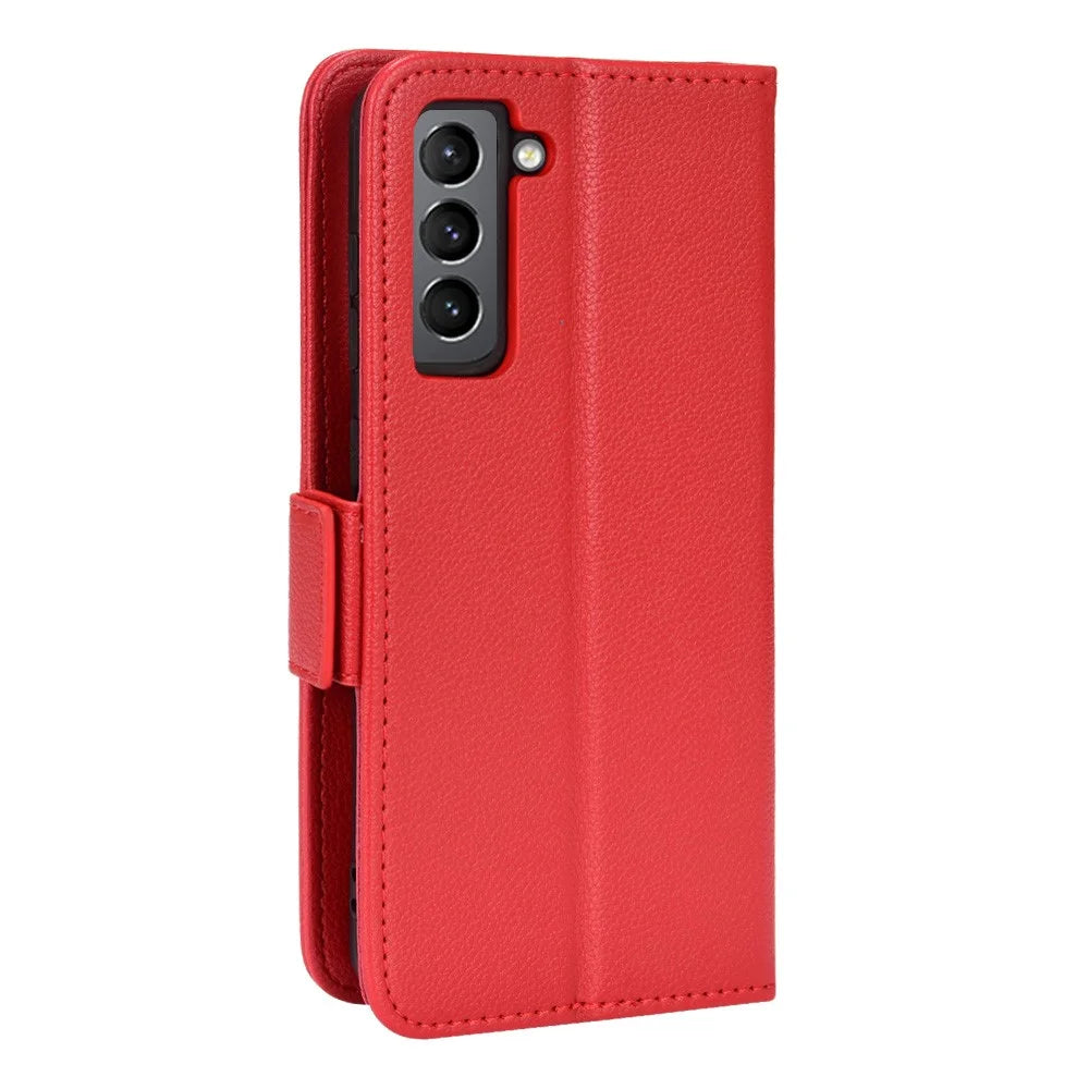Litchi Texture Folio Flip Wallet Case Shockproof PU Leather Protective Cover Shell with Stand for Samsung Galaxy S21 FE 5G - Red - 3