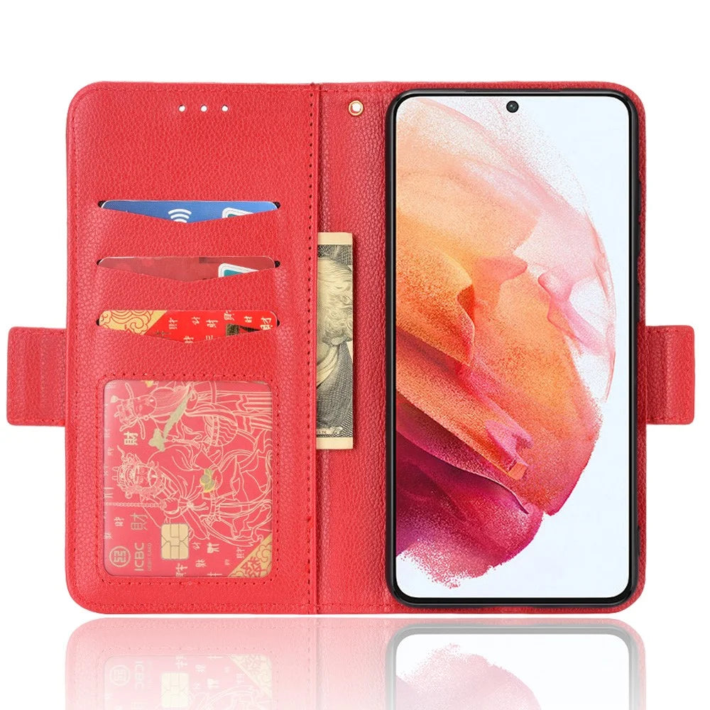 Litchi Texture Folio Flip Wallet Case Shockproof PU Leather Protective Cover Shell with Stand for Samsung Galaxy S21 FE 5G - Red - 4
