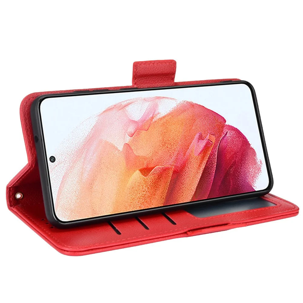 Litchi Texture Folio Flip Wallet Case Shockproof PU Leather Protective Cover Shell with Stand for Samsung Galaxy S21 FE 5G - Red - 5