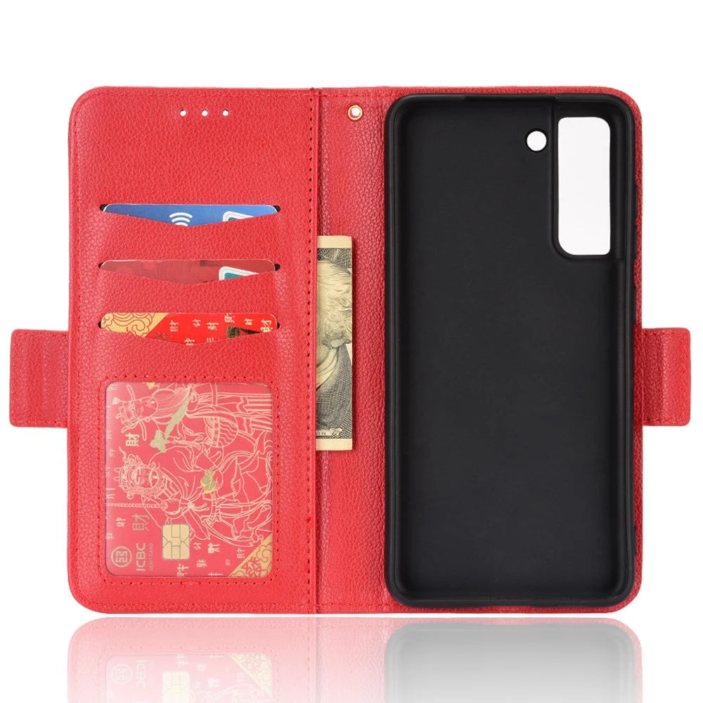 Litchi Texture Folio Flip Wallet Case Shockproof PU Leather Protective Cover Shell with Stand for Samsung Galaxy S21 FE 5G - Red - 6