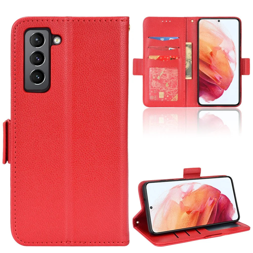 Litchi Texture Folio Flip Wallet Case Shockproof PU Leather Protective Cover Shell with Stand for Samsung Galaxy S21 FE 5G - Red - 7