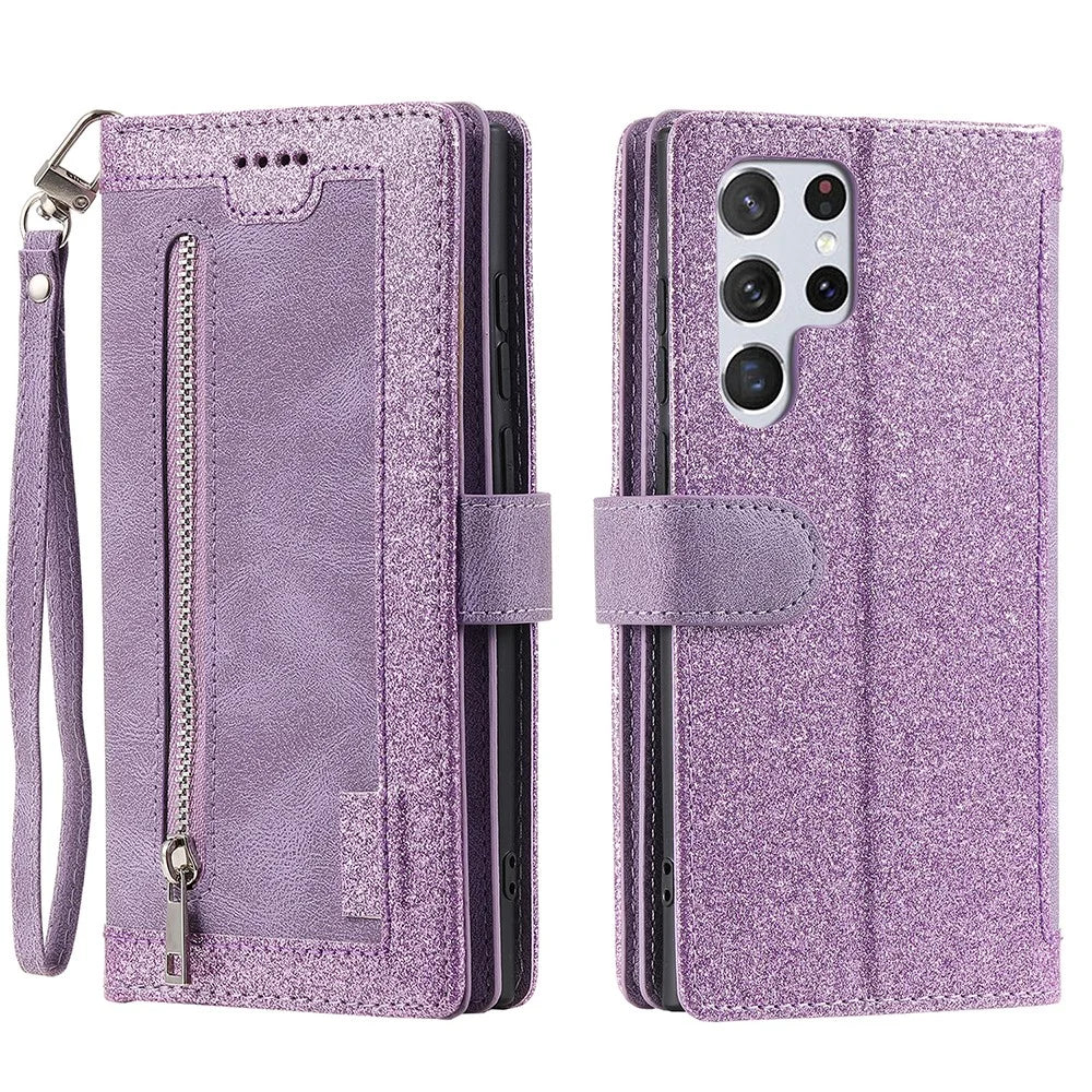 9 Card Slots Zipper Pocket PU Leather Stand Wallet Phone Case Cover with Wrist Strap for Samsung Galaxy S22 Ultra 5G - Purple - 1
