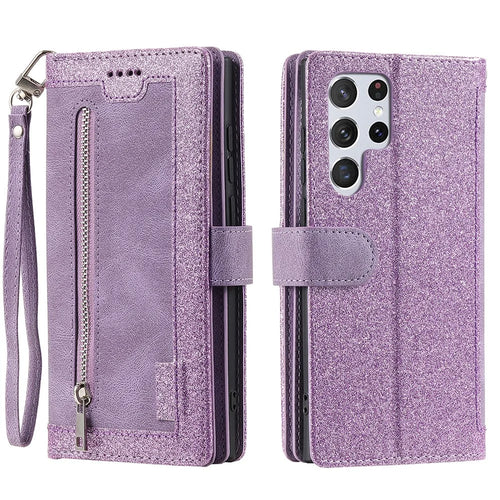 9 Card Slots Zipper Pocket PU Leather Stand Wallet Phone Case Cover with Wrist Strap for Samsung Galaxy S22 Ultra 5G - Purple - 1