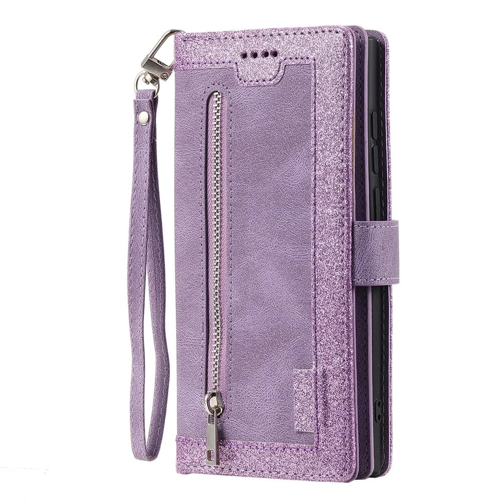 9 Card Slots Zipper Pocket PU Leather Stand Wallet Phone Case Cover with Wrist Strap for Samsung Galaxy S22 Ultra 5G - Purple - 2