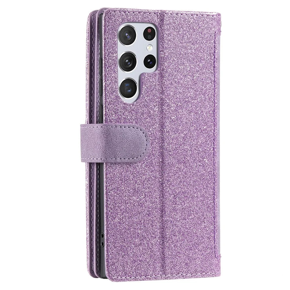 9 Card Slots Zipper Pocket PU Leather Stand Wallet Phone Case Cover with Wrist Strap for Samsung Galaxy S22 Ultra 5G - Purple - 3