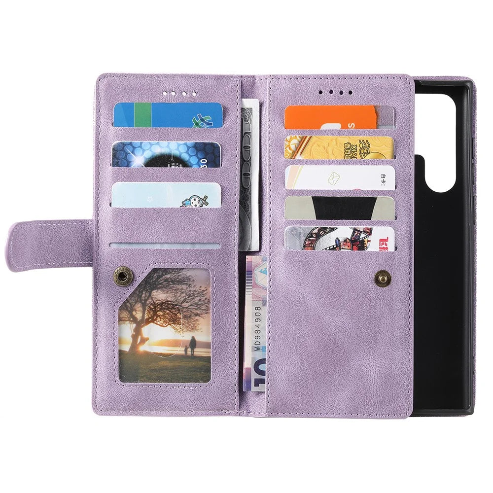 9 Card Slots Zipper Pocket PU Leather Stand Wallet Phone Case Cover with Wrist Strap for Samsung Galaxy S22 Ultra 5G - Purple - 4